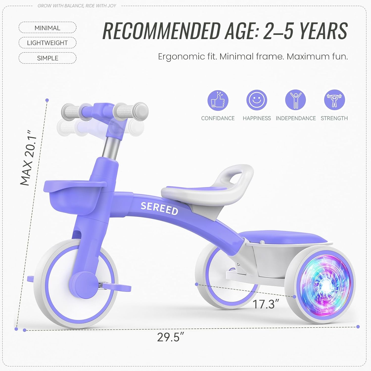 SEREED Colorful Lighting Toddler Tricycle for 2-5 Years Old Boys Girls, Adjustable Seat&Handlebar Trike, Removable Basket, Birthday Gift Idea for Kids Ages 2+ (Red)(Purple) - view 7