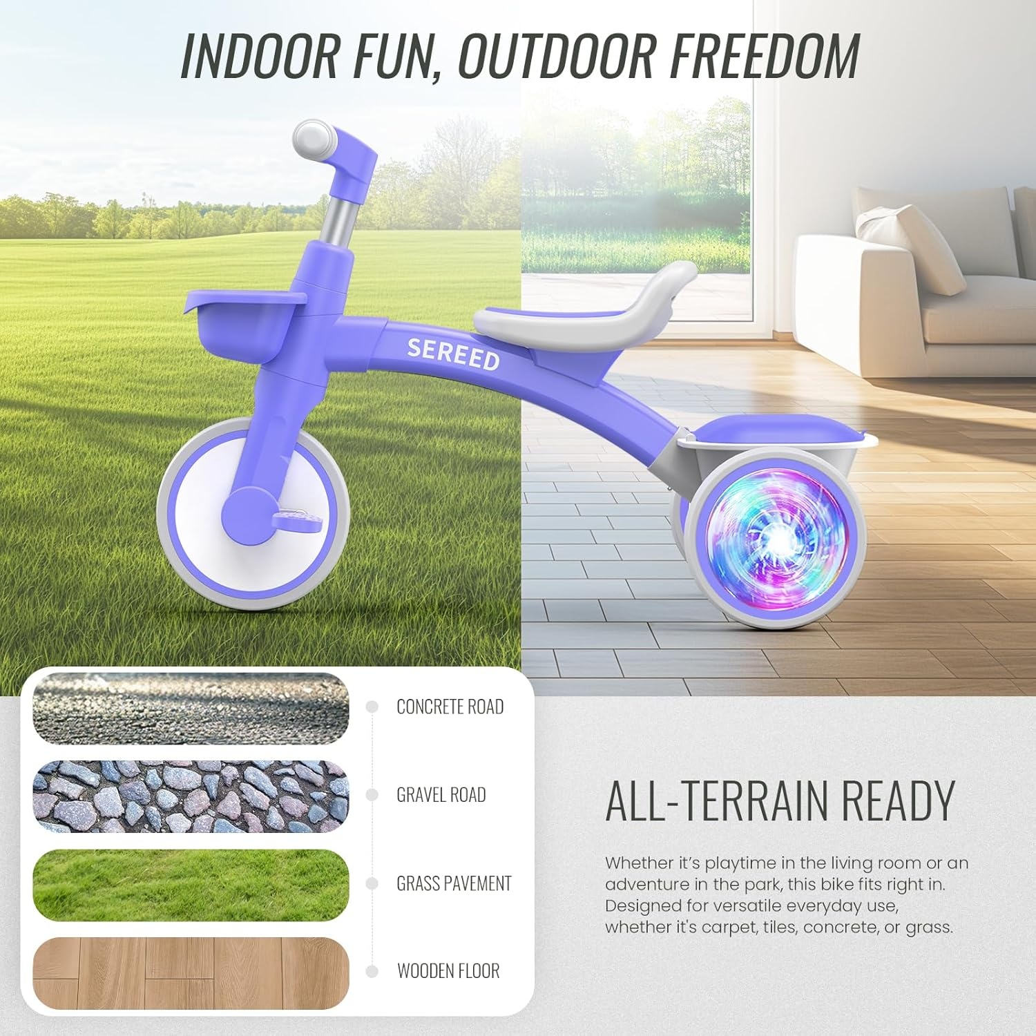 SEREED Colorful Lighting Toddler Tricycle for 2-5 Years Old Boys Girls, Adjustable Seat&Handlebar Trike, Removable Basket, Birthday Gift Idea for Kids Ages 2+ (Red)(Purple) - view 8
