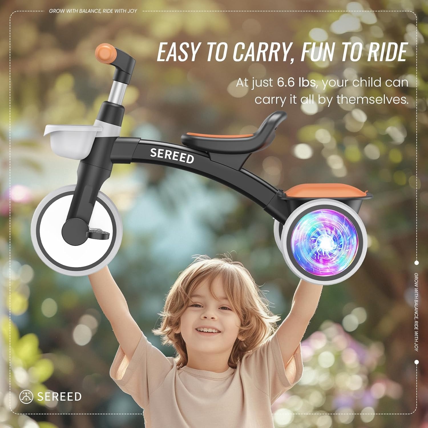 SEREED Colorful Lighting Toddler Tricycle for 2-5 Years Old Boys, Adjustable Seat&Handlebar Trike, Removable Basket, Birthday Gift Idea for Kids Ages 2+ (Black)(Black) - view 6