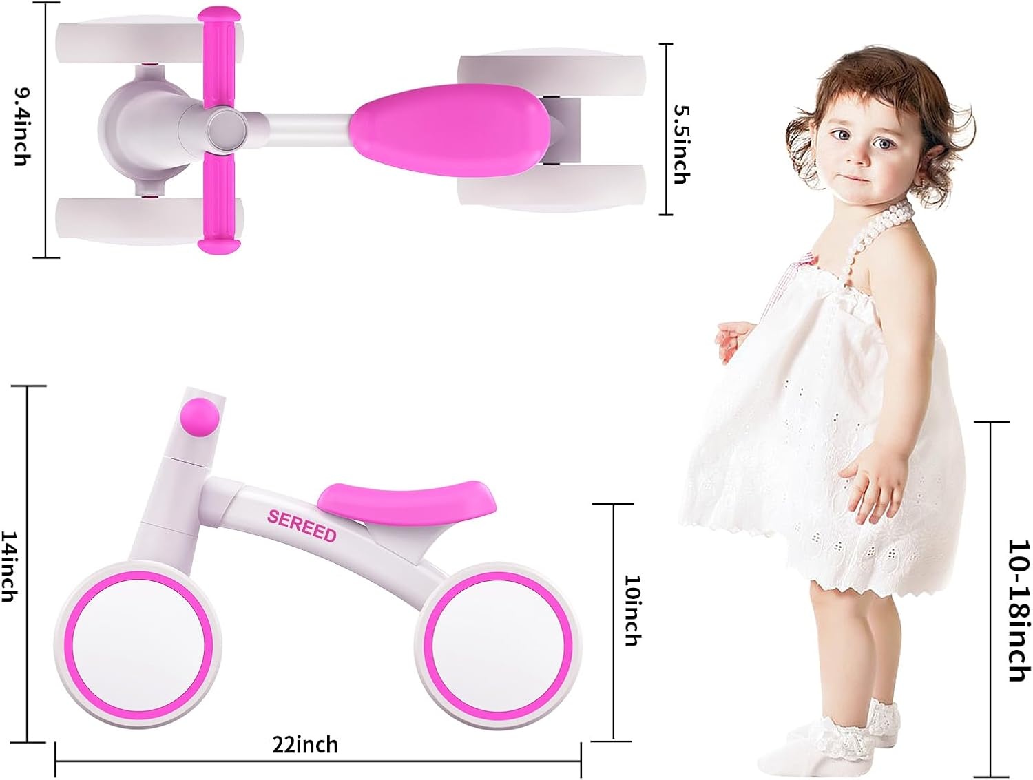 SEREED Baby Balance Bike for 1 Year Old Boys Girls 12-24 Month Toddler Balance Bike, 4 Wheels Toddler First Bike, First Birthday Gifts(Rose red) - view 2