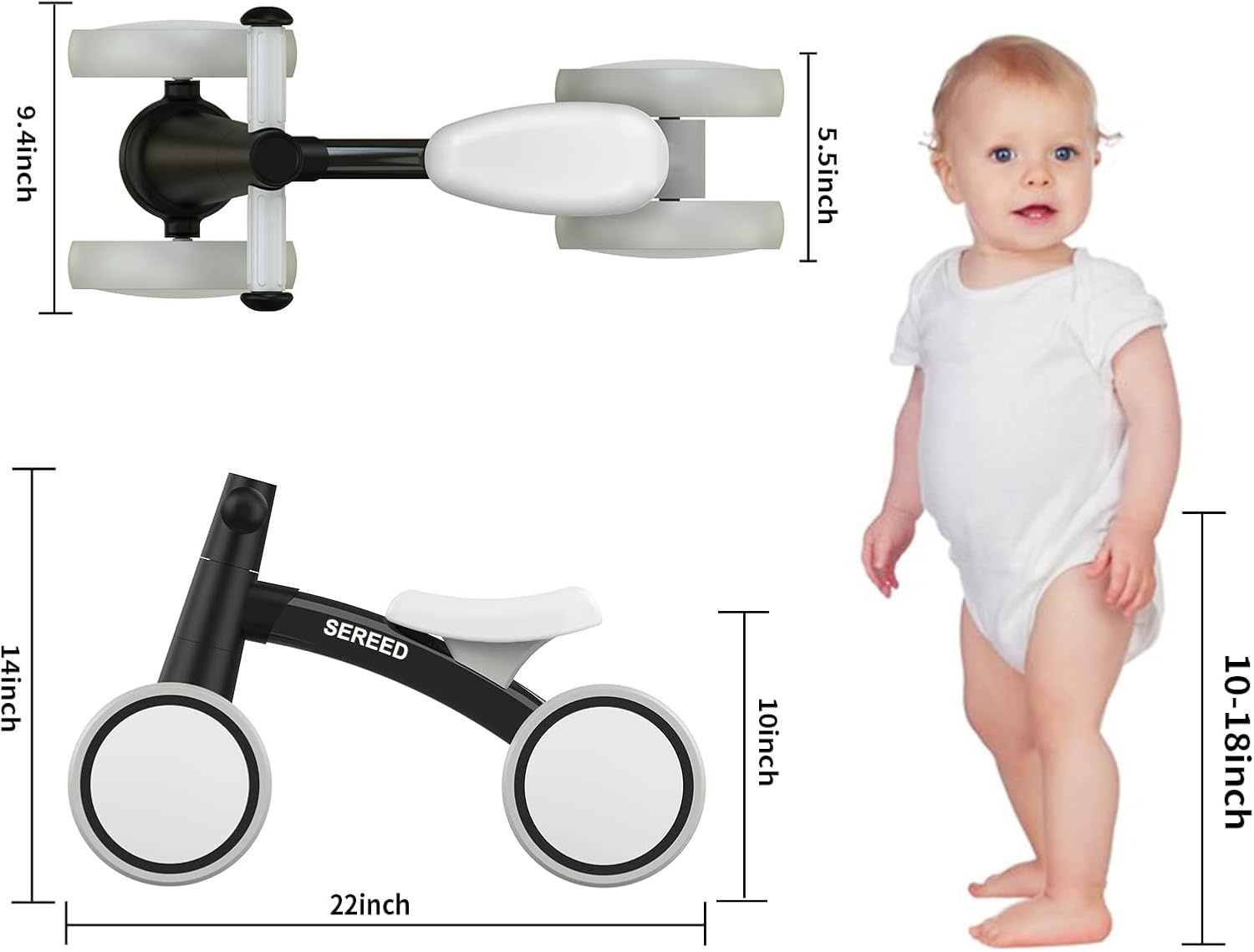 SEREED Baby Balance Bike for 1 Year Old Boys Girls 12-24 Month Toddler Balance Bike, 4 Wheels Toddler First Bike, First Birthday Gifts(Black) - view 2