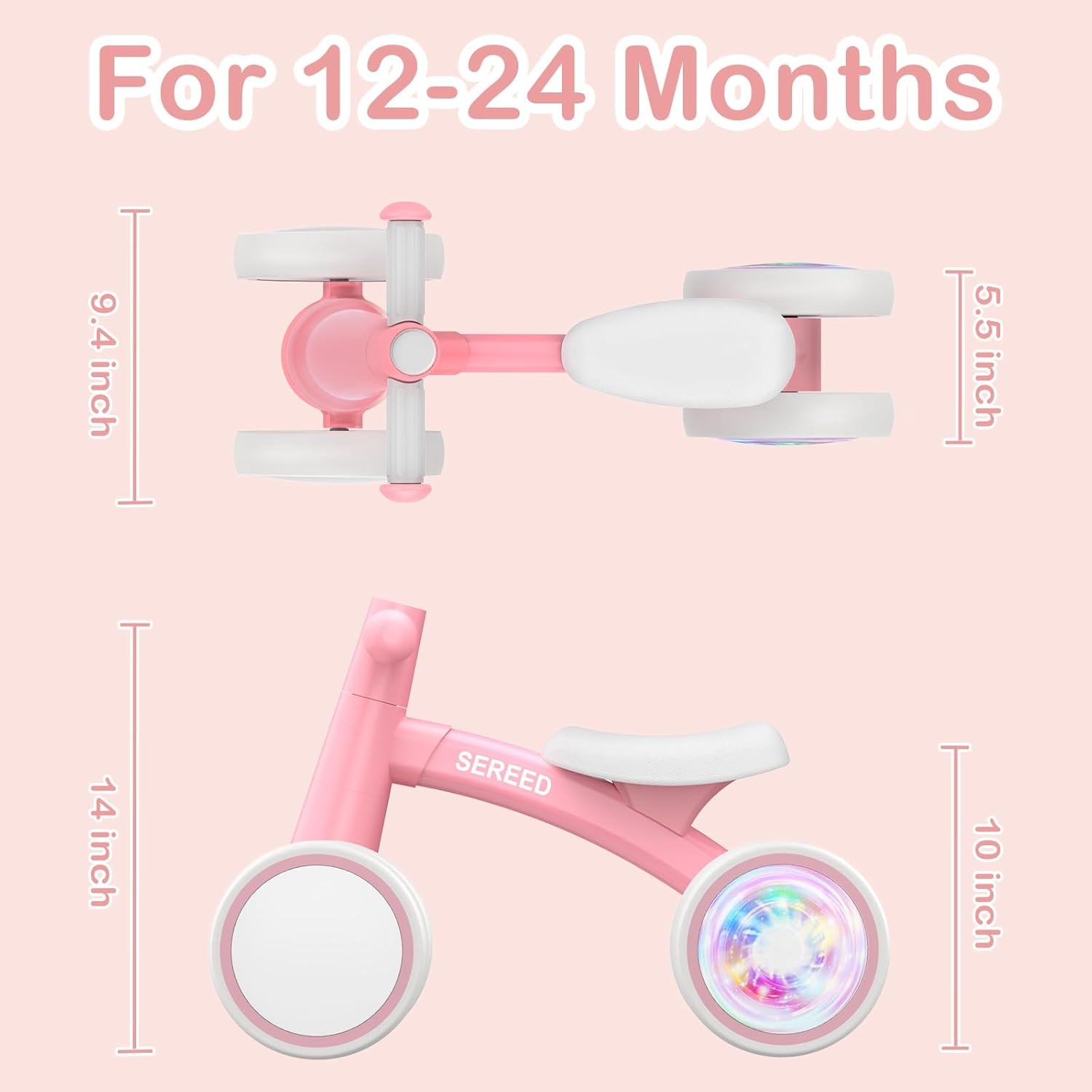 SEREED Colorful Lighting Baby Balance Bike, Toys for 1 Year Old Boys Girls, 12-24 Month Toddler Balance Bike with 4 Silence Wheels, First Birthday Gift (Green)(Pink) - view 4