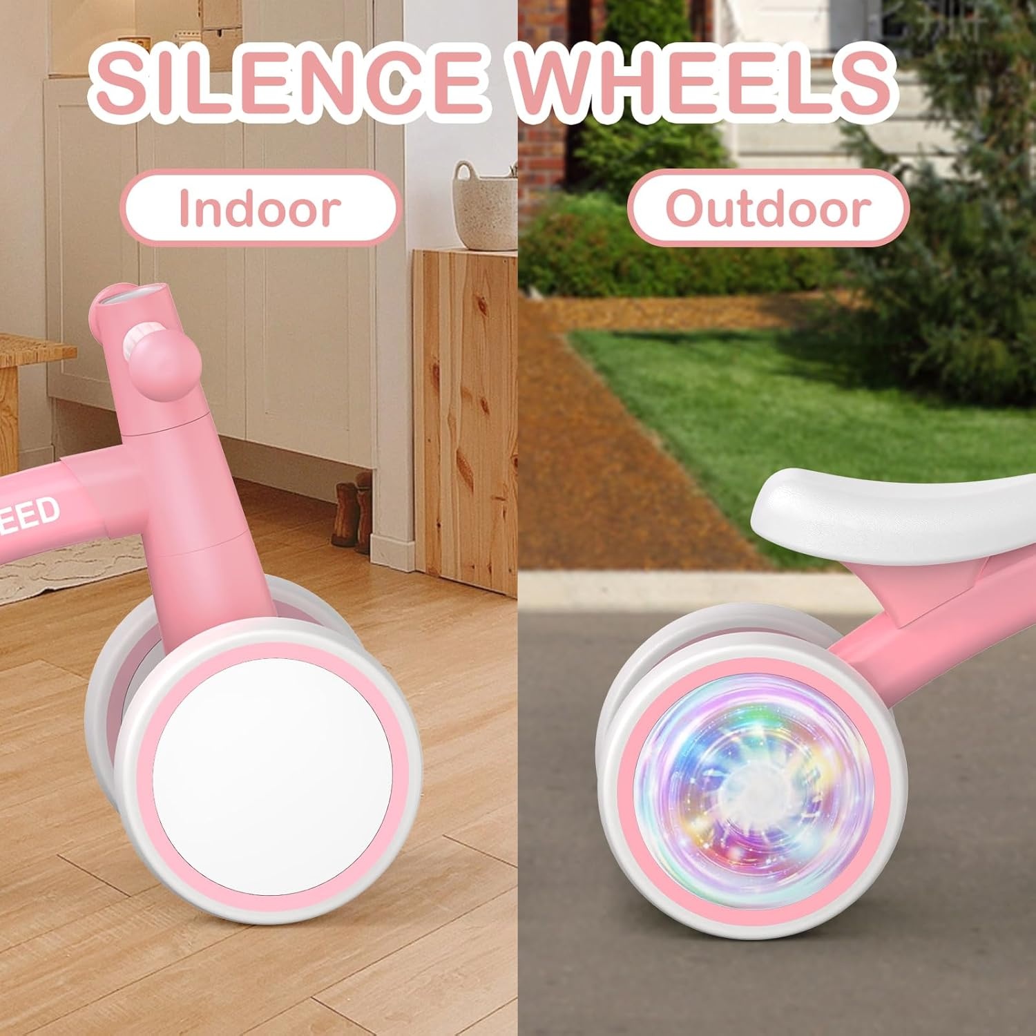 SEREED Colorful Lighting Baby Balance Bike, Toys for 1 Year Old Boys Girls, 12-24 Month Toddler Balance Bike with 4 Silence Wheels, First Birthday Gift (Green)(Pink) - view 5