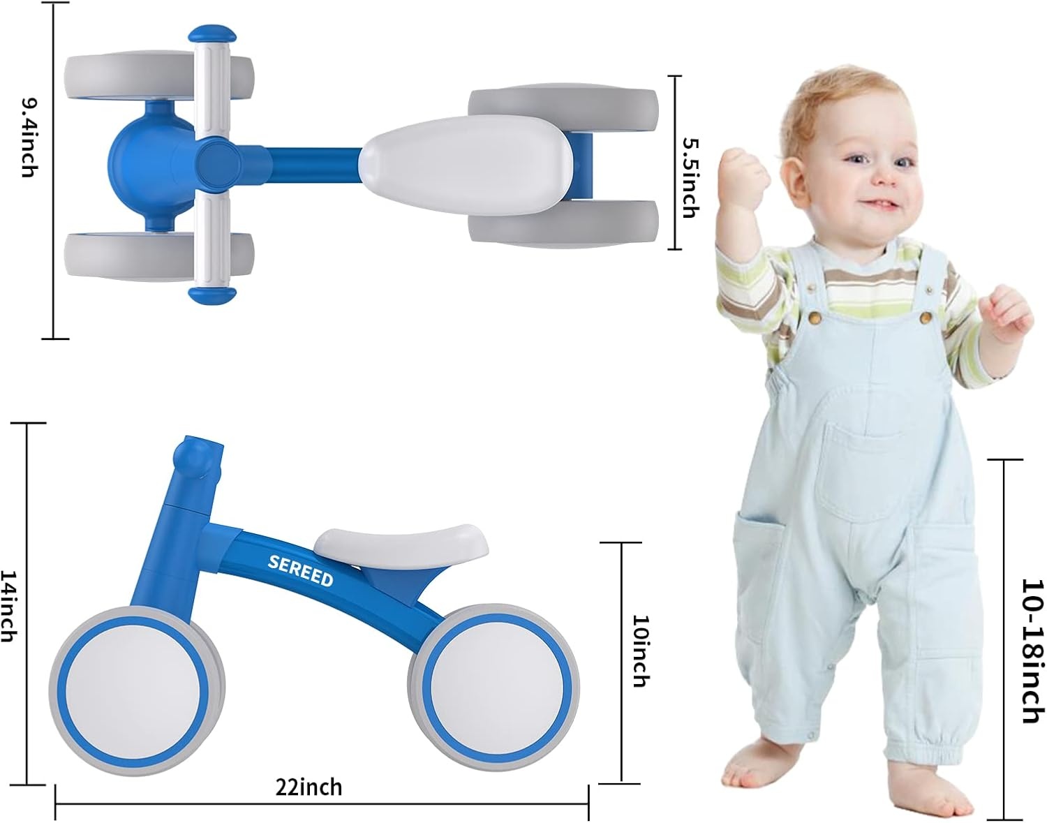 SEREED Baby Balance Bike for 1 Year Old Boys Girls 12-24 Month Toddler Balance Bike, 4 Wheels Toddler First Bike, First Birthday Gifts(Blue New) - view 3