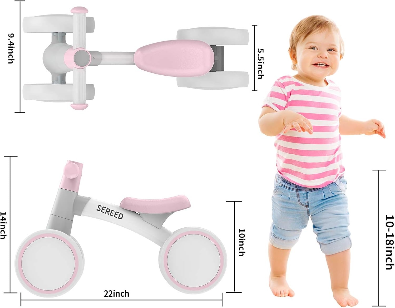 SEREED Baby Balance Bike for 1 Year Old Boys Girls 12-24 Month Toddler Balance Bike, 4 Wheels Toddler First Bike, First Birthday Gifts(Pink) - view 2