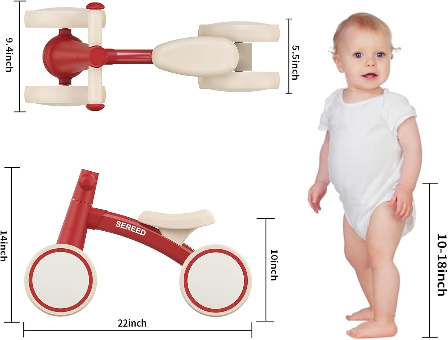 SEREED Baby Balance Bike for 1 Year Old Boys Girls 12-24 Month Toddler Balance Bike, 4 Wheels Toddler First Bike, First Birthday Gifts(Red) - view 2