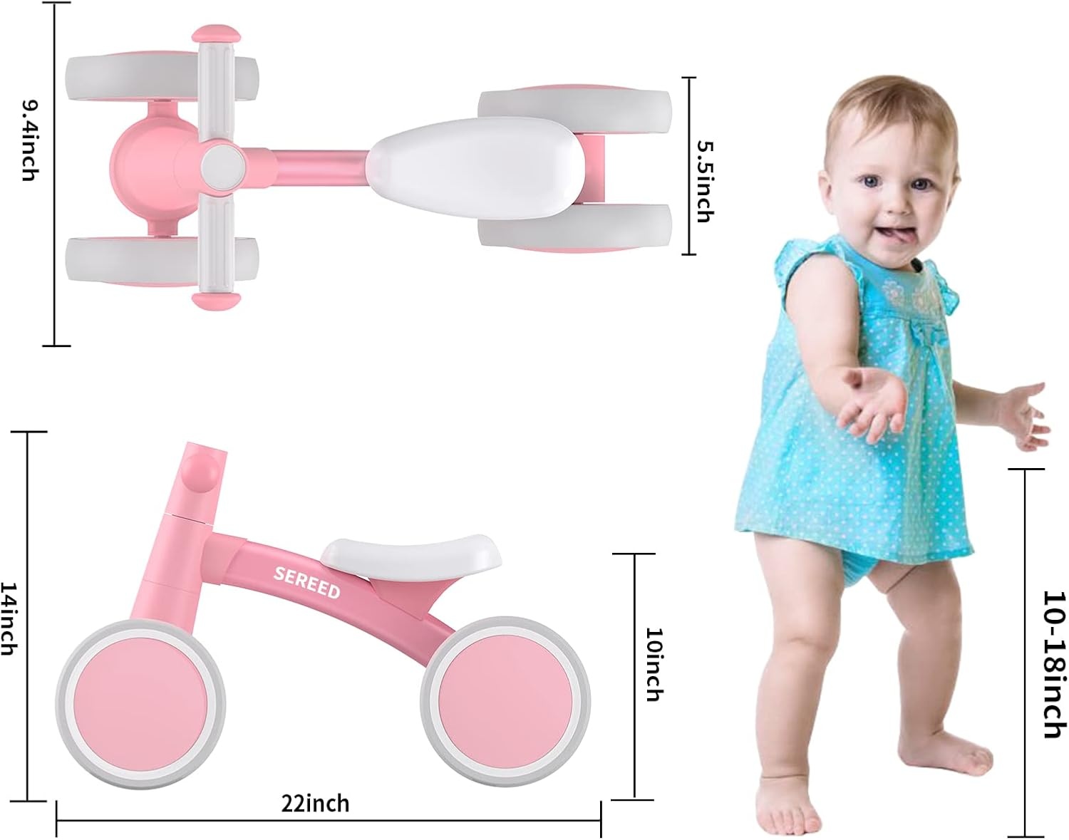 SEREED Baby Balance Bike for 1 Year Old Boys Girls 12-24 Month Toddler Balance Bike, 4 Wheels Toddler First Bike, First Birthday Gifts(Pink New) - view 2