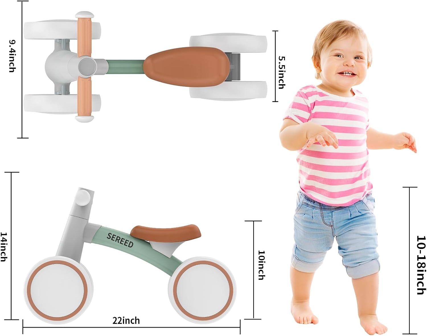 SEREED Baby Balance Bike for 1 Year Old Boys Girls 12-24 Month Toddler Balance Bike, 4 Wheels Toddler First Bike, First Birthday Gifts(Green) - view 2