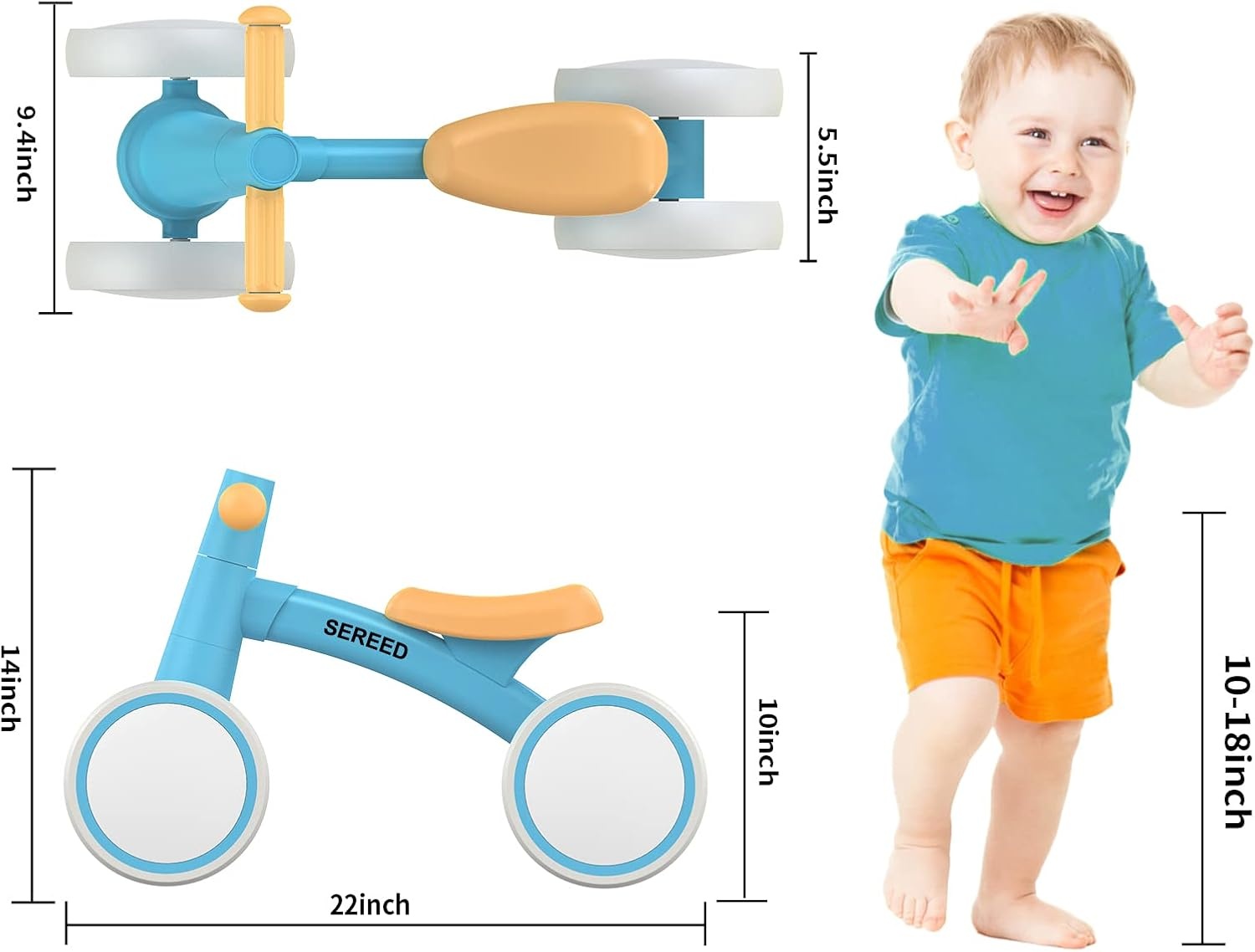 SEREED Baby Balance Bike for 1 Year Old Boys Girls 12-24 Month Toddler Balance Bike, 4 Wheels Toddler First Bike, First Birthday Gifts(Blue) - view 3