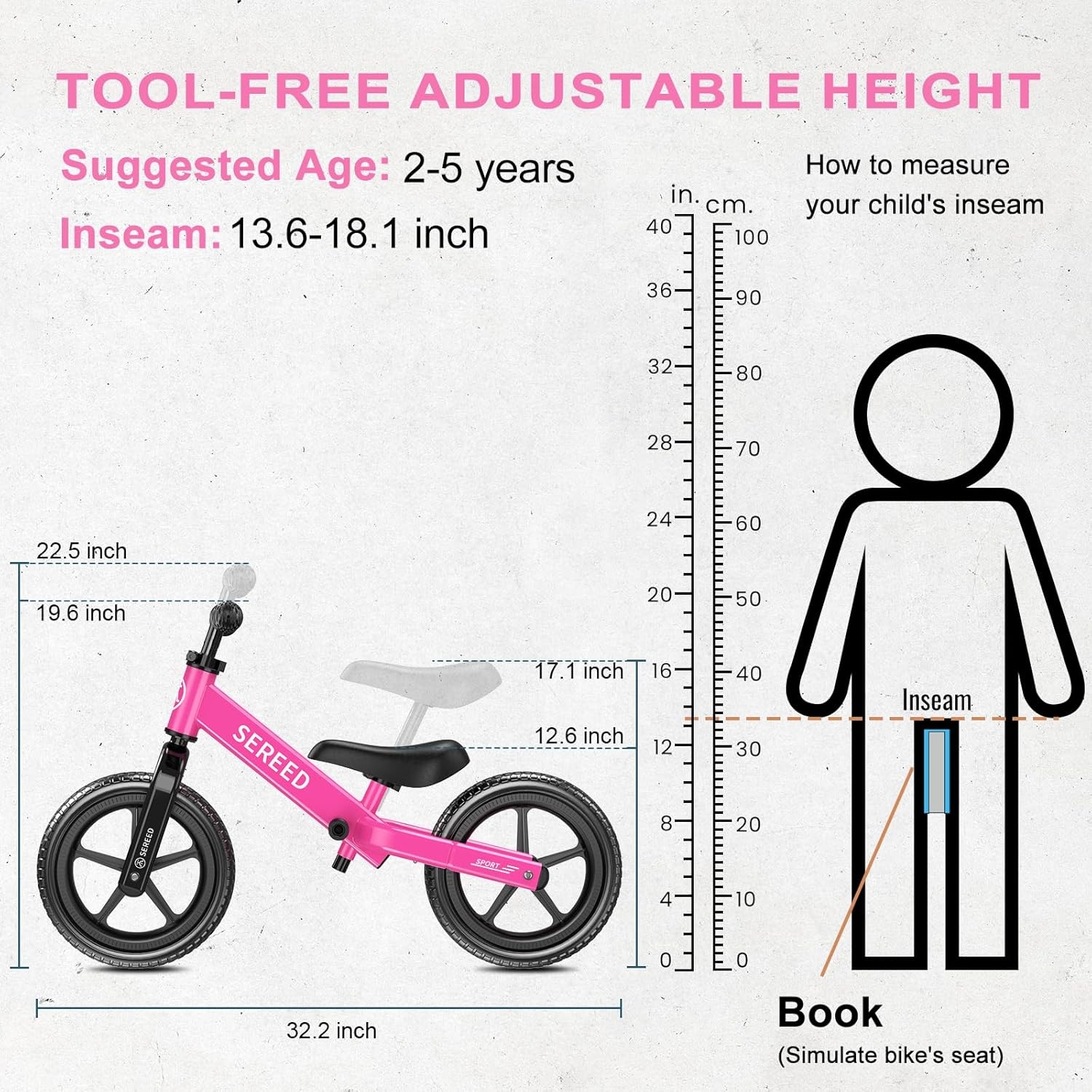 SEREED Toddler Balance Bike 2 Year Old, No Pedal Kids Toy Bike for 2-5 Years Old, Tool-Free Adjustment, Gift for 2-3 Girls, Customize Plate with 3pcs Stickers (Black)(Rose Pink) - view 2