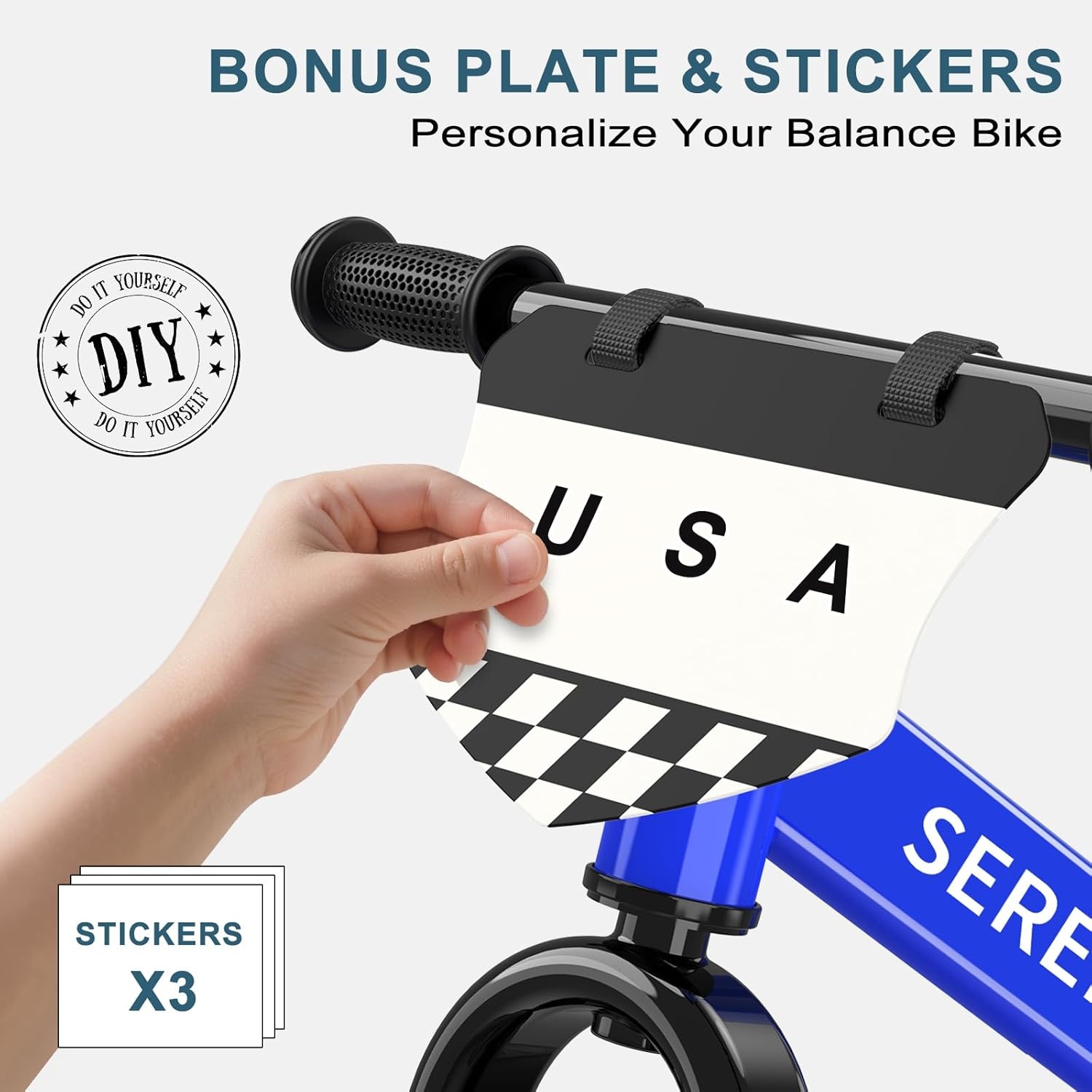 SEREED Toddler Balance Bike 2 Year Old, No Pedal Kids Toy Bike for 2-5 Years Old, Tool-Free Adjustment, Gift for 2-3 Girls, Customize Plate with 3pcs Stickers (Black)(Blue)