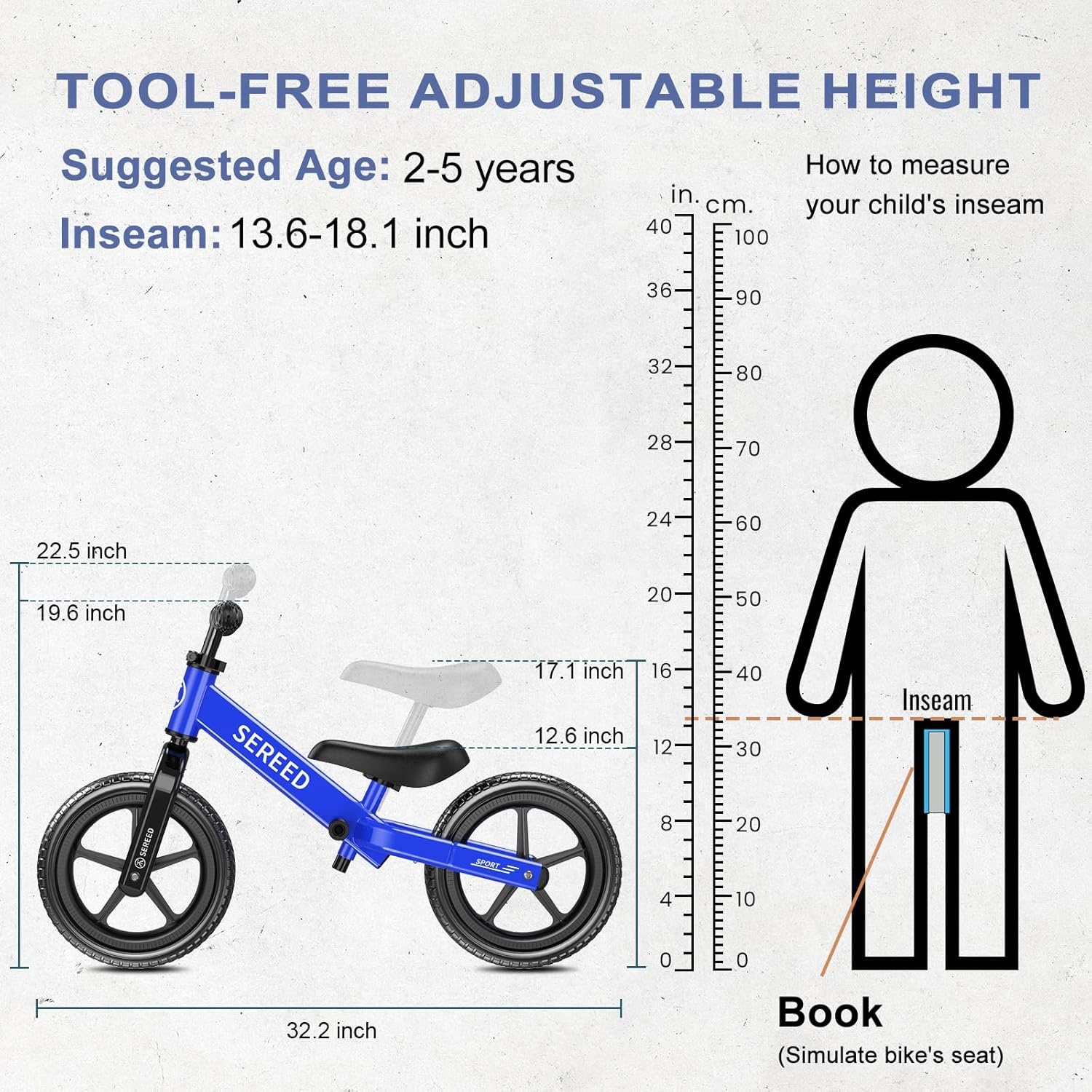 SEREED Toddler Balance Bike 2 Year Old, No Pedal Kids Toy Bike for 2-5 Years Old, Tool-Free Adjustment, Gift for 2-3 Girls, Customize Plate with 3pcs Stickers (Black)(Blue) - view 2
