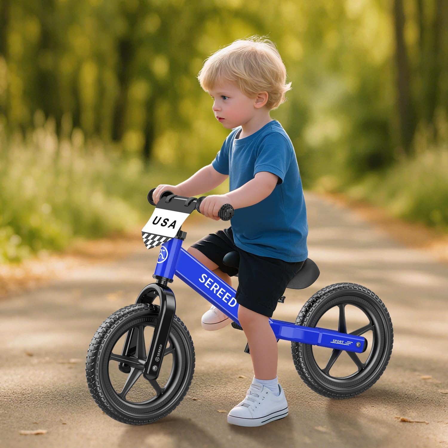 SEREED Toddler Balance Bike 2 Year Old, No Pedal Kids Toy Bike for 2-5 Years Old, Tool-Free Adjustment, Gift for 2-3 Girls, Customize Plate with 3pcs Stickers (Black)(Blue) - view 8