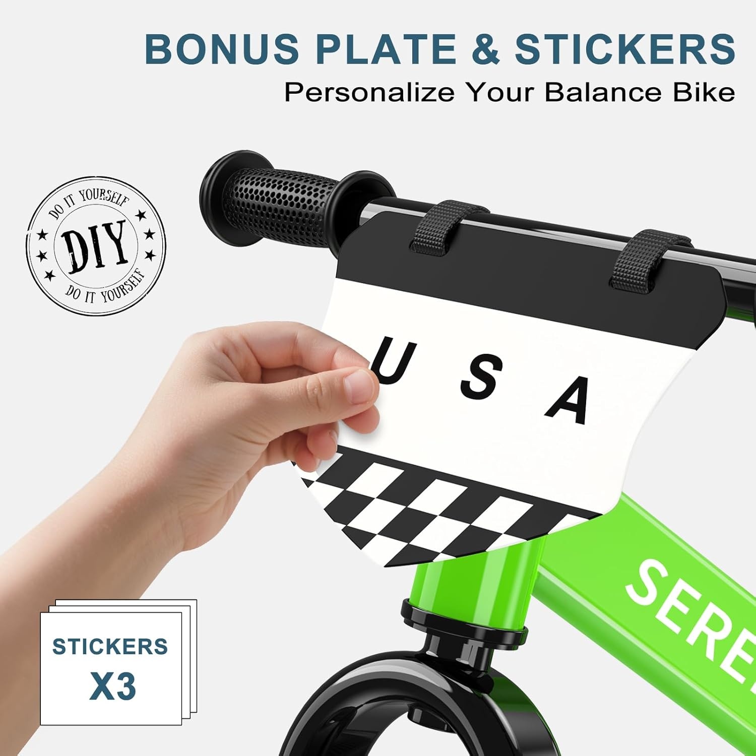 SEREED Toddler Balance Bike 2 Year Old, No Pedal Kids Toy Bike for 2-5 Years Old, Tool-Free Adjustment, Gift for 2-3 Girls, Customize Plate with 3pcs Stickers (Black)(Green)