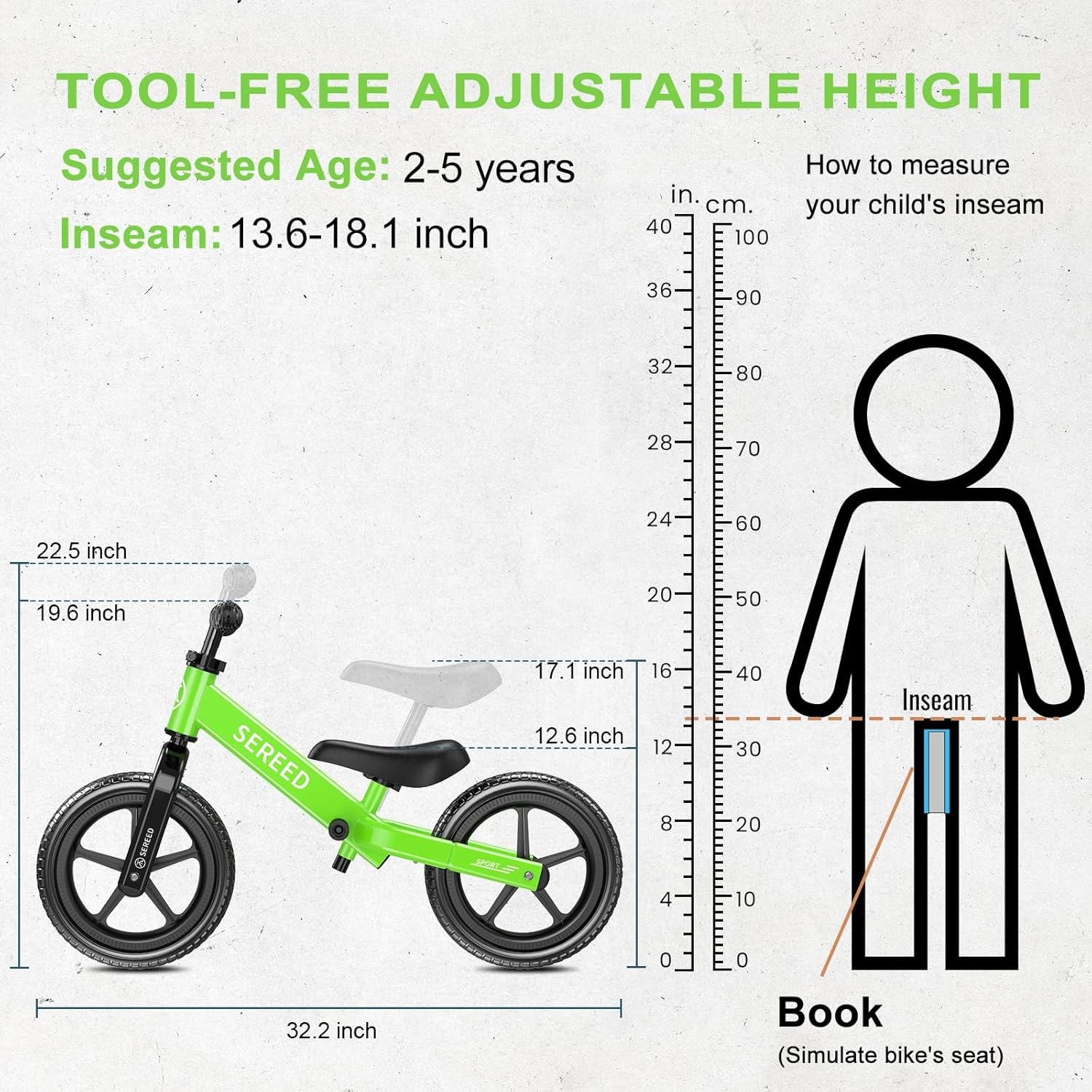 SEREED Toddler Balance Bike 2 Year Old, No Pedal Kids Toy Bike for 2-5 Years Old, Tool-Free Adjustment, Gift for 2-3 Girls, Customize Plate with 3pcs Stickers (Black)(Green) - view 2
