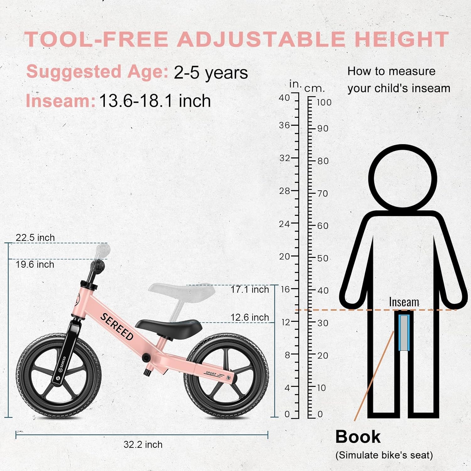 SEREED Toddler Balance Bike 2 Year Old, No Pedal Kids Toy Bike for 2-5 Years Old, Tool-Free Adjustment, Gift for 2-3 Girls, Customize Plate with 3pcs Stickers (Black)(Pink) - view 2
