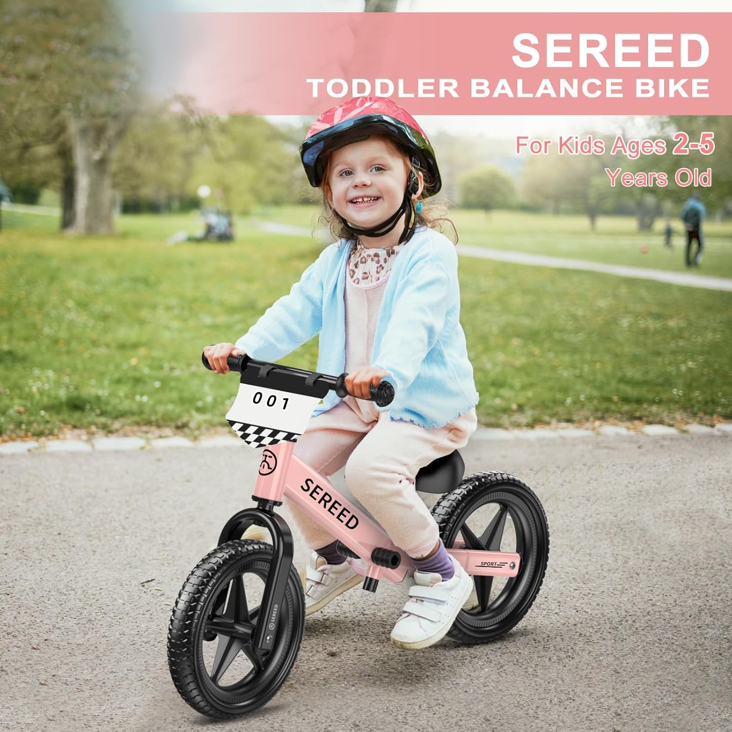 SEREED Toddler Balance Bike 2 Year Old, No Pedal Kids Toy Bike for 2-5 Years Old, Tool-Free Adjustment, Gift for 2-3 Girls, Customize Plate with 3pcs Stickers (Black)(Pink) - view 3