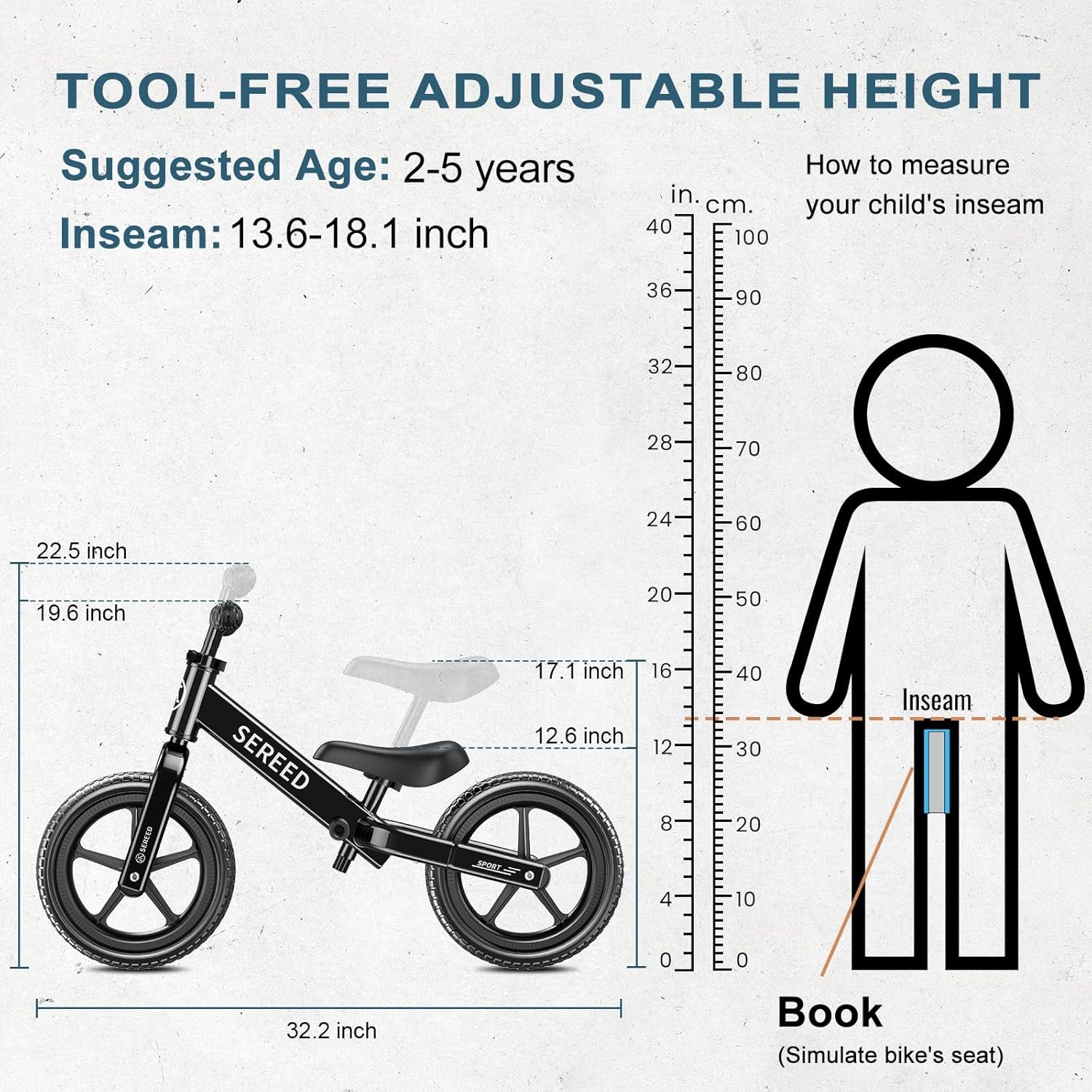SEREED Toddler Balance Bike 2 Year Old, No Pedal Kids Toy Bike for 2-5 Years Old, Tool-Free Adjustment, Gift for 2-3 Girls, Customize Plate with 3pcs Stickers (Black)(Black) - view 2